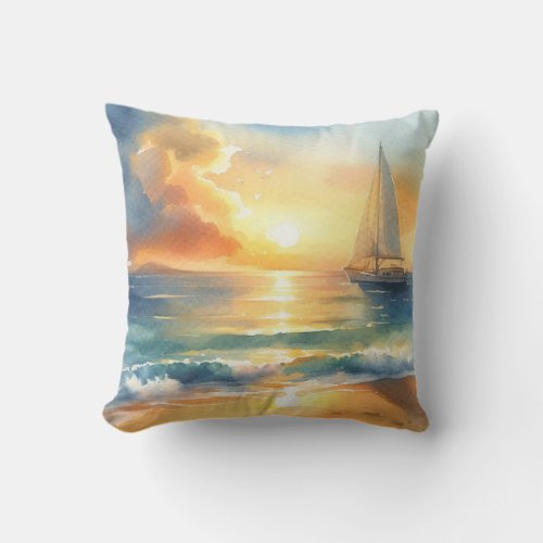 Sailboat Sunset Ocean Watercolors Throw Pillow