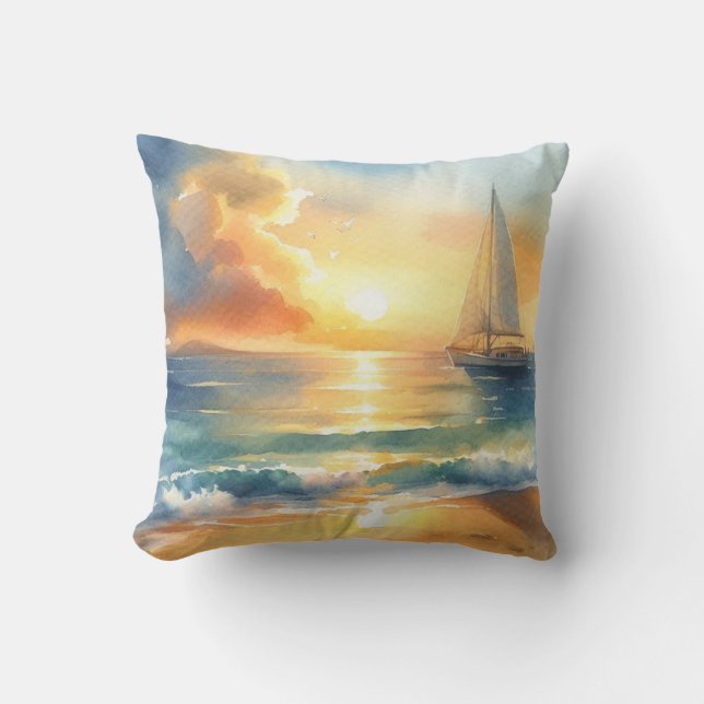 Sailboat Sunset Ocean Watercolors Throw Pillow (Front)