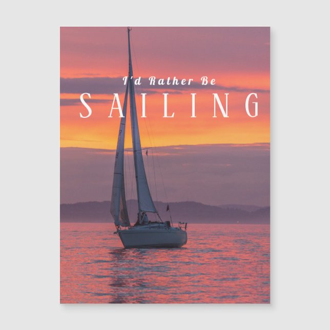 Sailboat Sunset Orange Gold Purple Sky, White Text (Front)