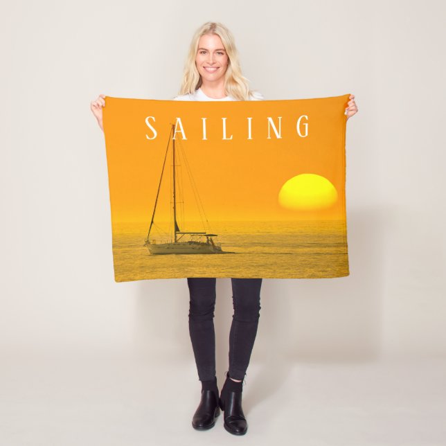 Sailboat Sunset Orange Sky Large Sun, White Text Fleece Blanket (In Situ)