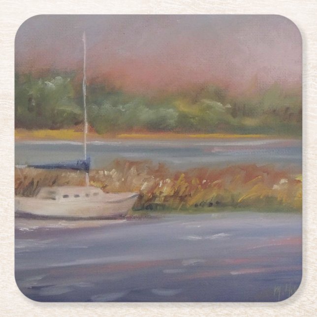 Sailboat Sunset Peaceful Marsh Serene Square Paper Coaster (Front)