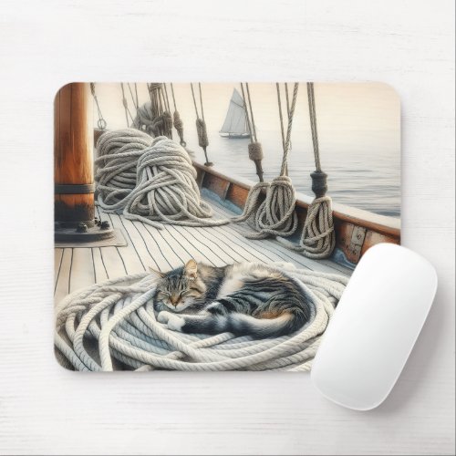 Sailboat Tabby Cat Sleeping On Ropes Mouse Pad