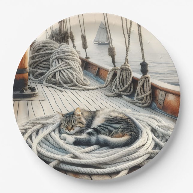 Sailboat Tabby Cat Sleeping On Ropes Paper Plates (Front)