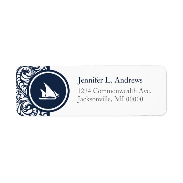 Sailboat Theme Navy Blue Damask Beach Weddings Label (Front)