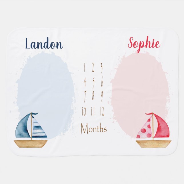 Sailboat Twins Milestone Baby Blanket (Horizontal)
