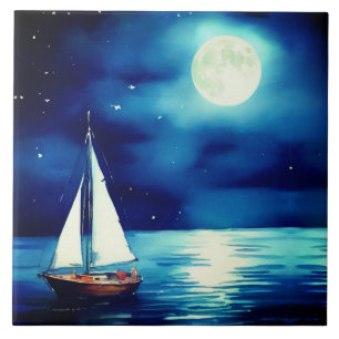 Sailboat Under a Full Moon Ceramic Tile