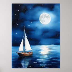 Sailboat Under a Full Moon Poster