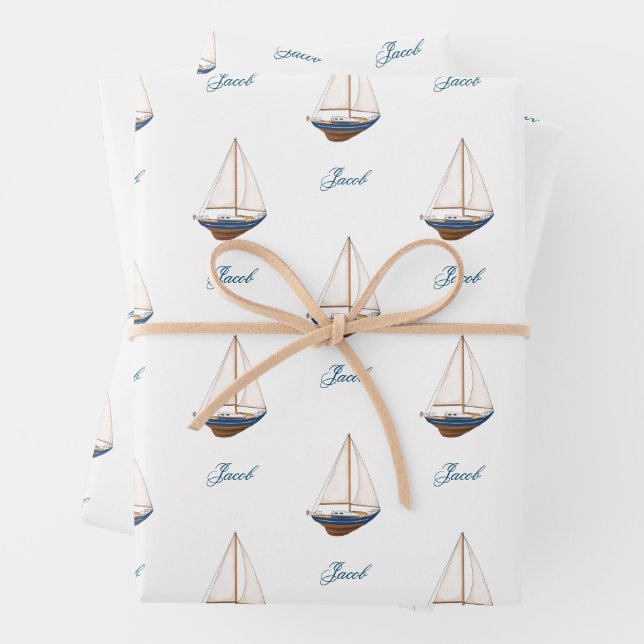 Sailboat Wedding Nautical Birthday Baby Shower Wrapping Paper Sheets (In situ)