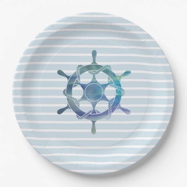 Sailboat Wheel Nautical Ocean Blue Stripe Paper Plates (Front)
