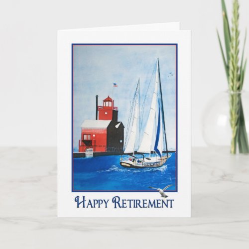 Sailboat with lighthouse retirement card