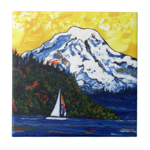Sailboat with Mt Rainier Ceramic Tile