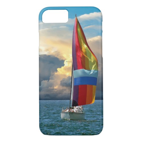 sailboat with rainbow spinnaker at sunrise iPhone 87 case