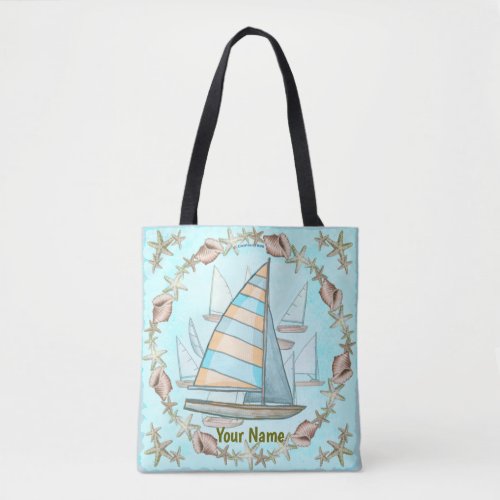 Sailboats all over custom name tote bag