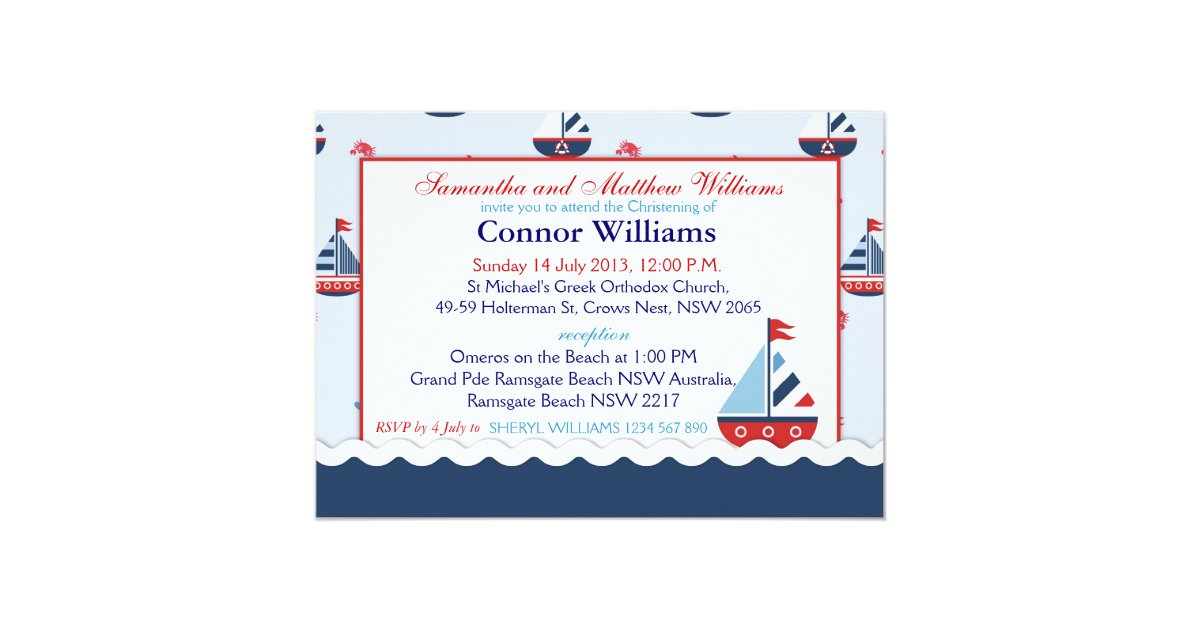 Sailboats Anchors And Crabs Nautical Baptism Invitation Zazzle Com
