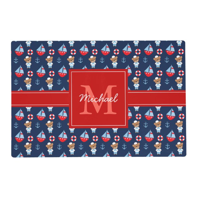 Sailboats and Bears Pattern Monogrammed Placemat (Front)