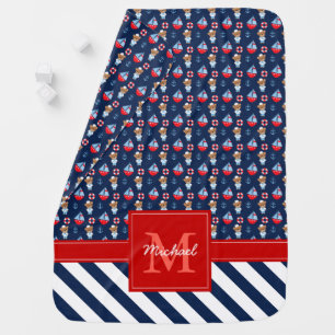 Sailboats and Bears Pattern Monogrammed Swaddle Blanket