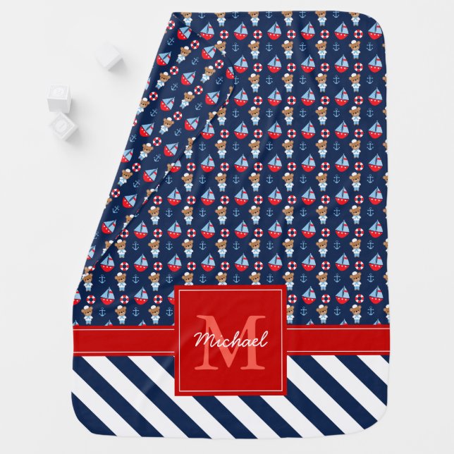 Sailboats and Bears Pattern Monogrammed Swaddle Blanket (In Situ)