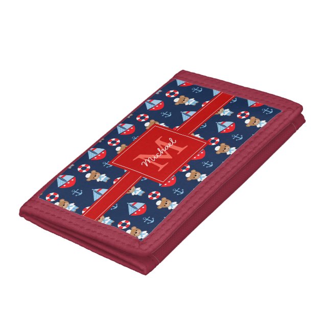 Sailboats and Bears Pattern Monogrammed Tri-fold Wallet (Bottom)