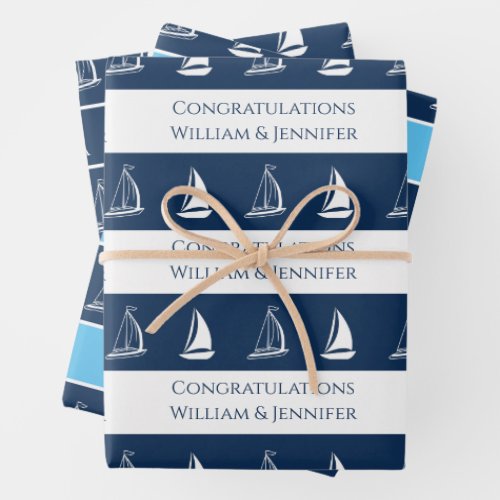 Sailboats and Custom Text Navy Blue White Stripes Wrapping Paper Sheets