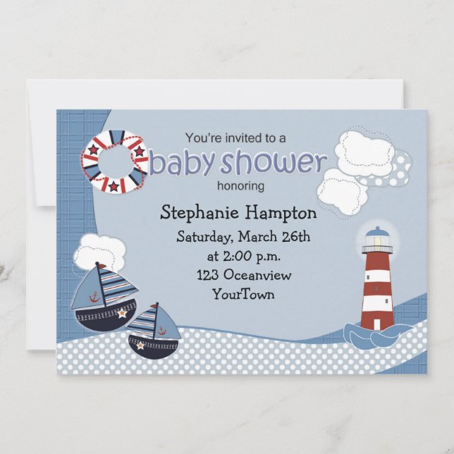Sailboats and Lighthouse Baby Shower Invitation (Front)