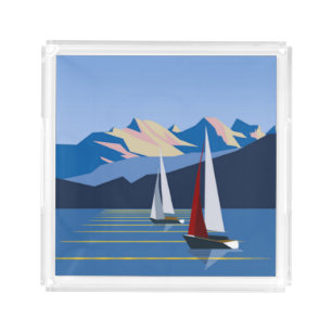 Sailboats And Mountains photo Acrylic Tray
