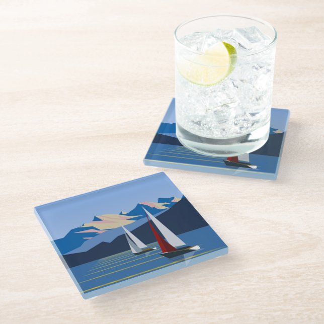 Sailboats And Mountains photo Glass Coaster (Angled)