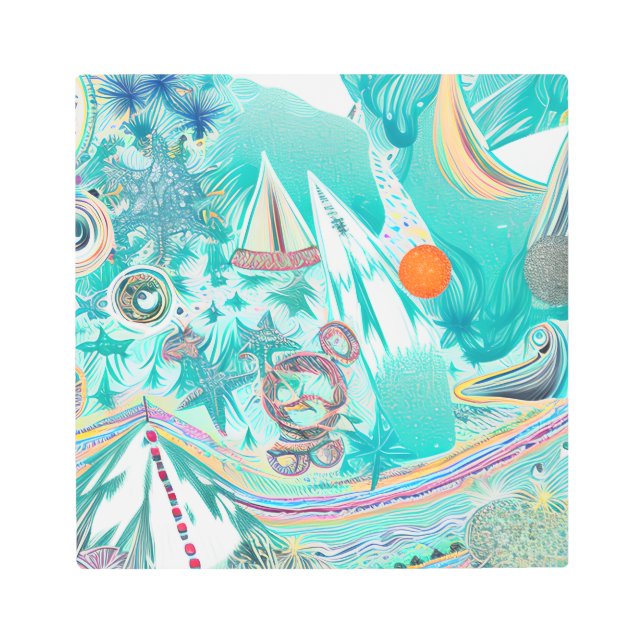 Sailboats and Sea Creatures Abstract Beachy Art (Front)