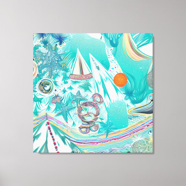 Sailboats and Sea Creatures Abstract Beachy Art Canvas Print (Front)