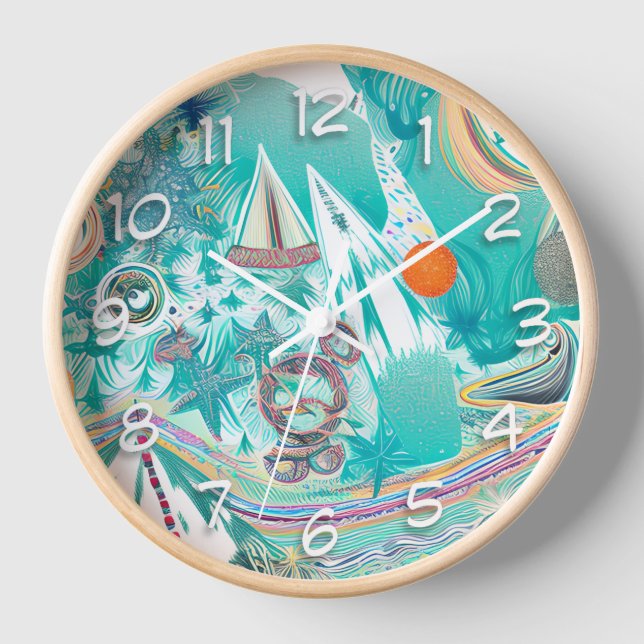 Sailboats and Sea Creatures Abstract Beachy Art Clock (Front)