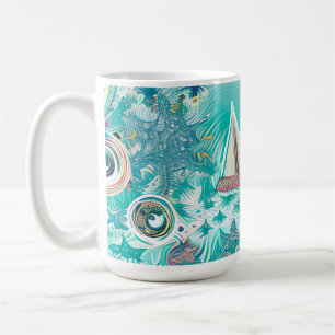 Sailboats and Sea Creatures Abstract Beachy Art Coffee Mug