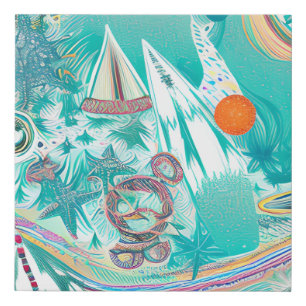 Sailboats and Sea Creatures Abstract Beachy Art Faux Canvas Print