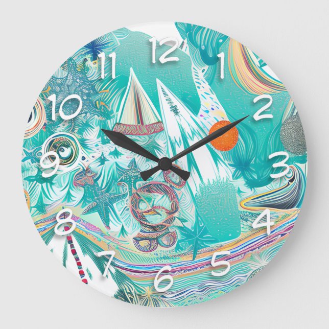 Sailboats and Sea Creatures Abstract Beachy Art Large Clock (Front)