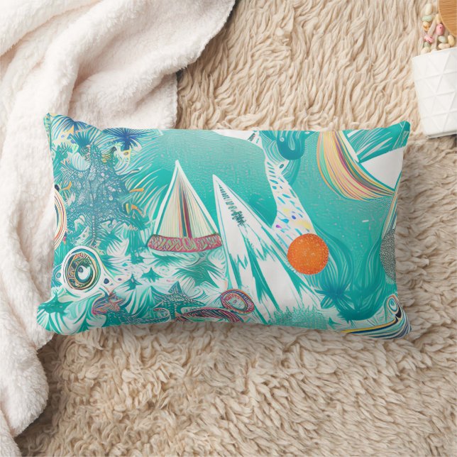 Sailboats and Sea Creatures Abstract Beachy Art Lumbar Pillow (Blanket)