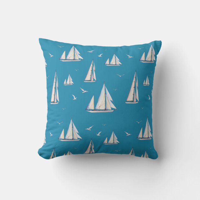 Sailboats and Seagulls on Aqua Throw Pillow (Front)