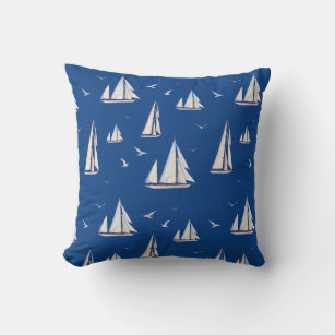 Sailboats and Seagulls on Blue Throw Pillow