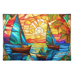 sailboats and sunsets stained glass art cloth placemat