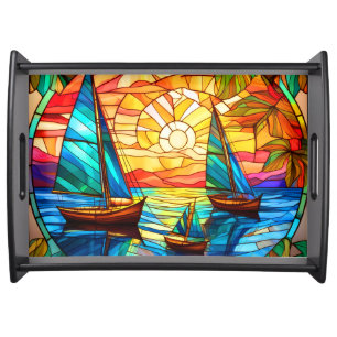 sailboats and sunsets stained glass art serving tray