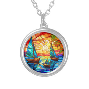 sailboats and sunsets stained glass art silver plated necklace