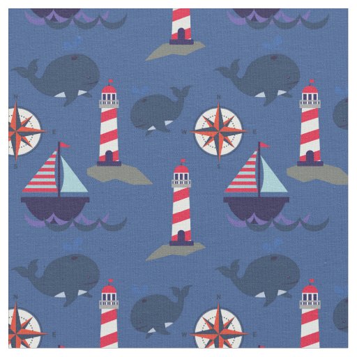 Sailboats and Whales | Lighthouses Nautical Fabric