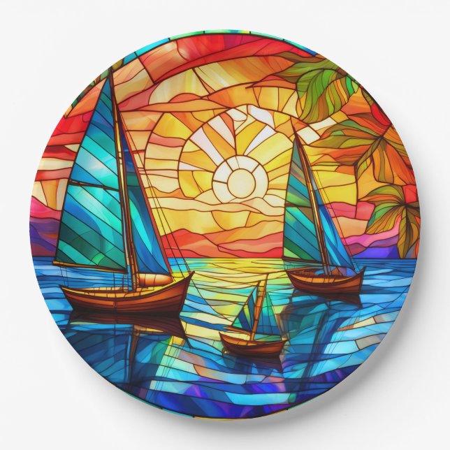 Sailboats at sunset paper plates (Front)