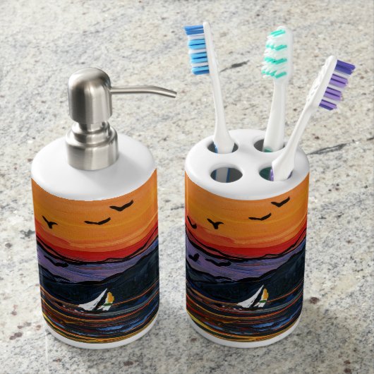 Sailboats at Sunset Soap Dispenser And Toothbrush Holder (Front)