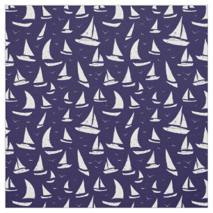 Sailboats Blue White Nautical Pattern Fabric