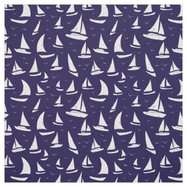 Blue Sailboat Pattern Nautical White Fabric | Zazzle