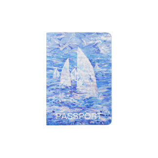 Sailboats blue white painting passport holder
