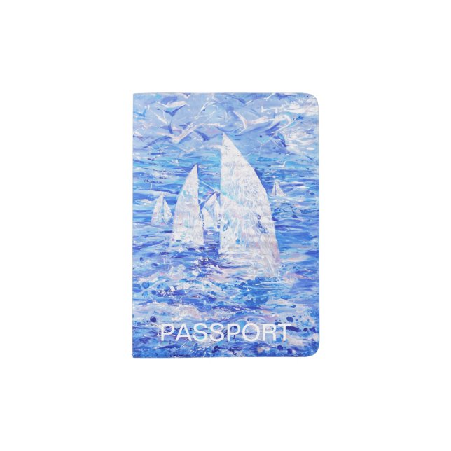 Sailboats blue white painting passport holder (Front)