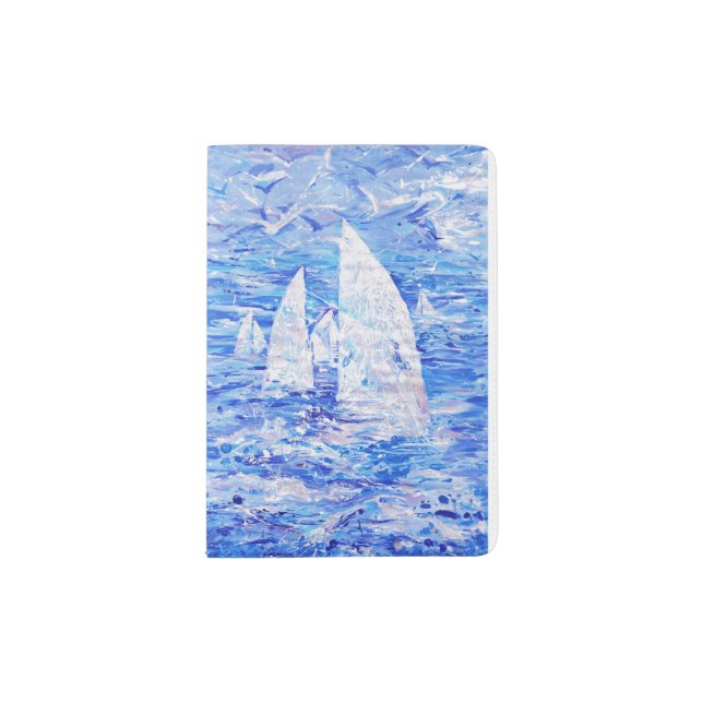 Sailboats blue white painting passport holder (Front)