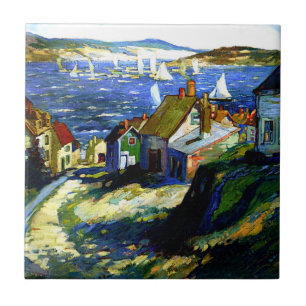 Sailboats by the Harbor, fine art painting Ceramic Tile