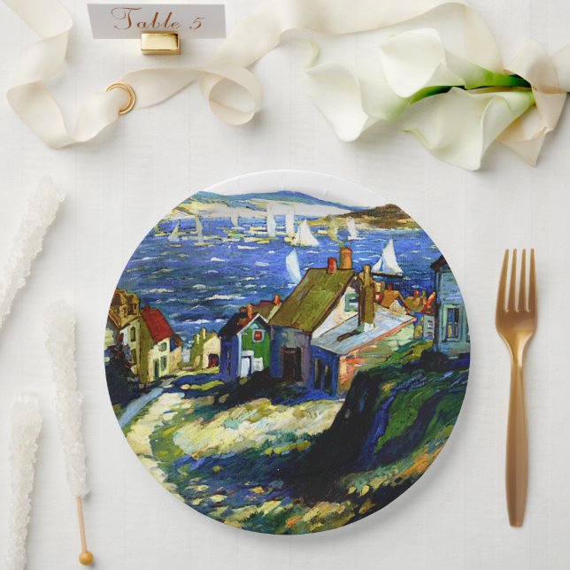 Sailboats by the Harbor, fine art painting Paper Plates (Wedding)