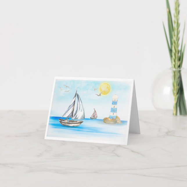 Sailboats in a Blue Ocean Note Card (Blank Inside) (Front)