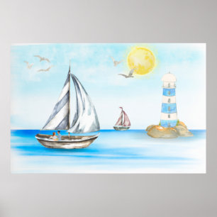 Sailboats in a Blue Ocean Poster